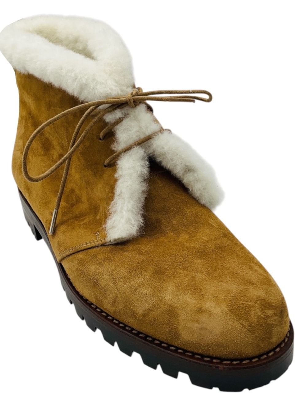 MANOLO BLAHNIK TAN / IVORY SHEARLING LINED SUEDE ANKLE BOOTS WITH LUG SOLES